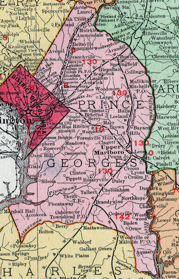 Prince George's County, Maryland, Map, 1911, Rand McNally, Upper Marlboro, Bowie, Beltsville, Bladensburg, Lanham, Laurel, Seat Pleasant, Mitchellville, Fort Washington, Clinton, Brandywine, Forestville, Hyattsville, College Park, Largo