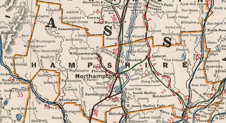 Hampshire County, Massachusetts, 1901, Map, Cram, Northampton, Amherst, Belchertown, Hatfield, Ware, South Hadley, Williamsburgh, Cummington, Huntington, Easthampton, Florence, South Hadley Falls, Prescott, Chesterfield, Ringville, MA