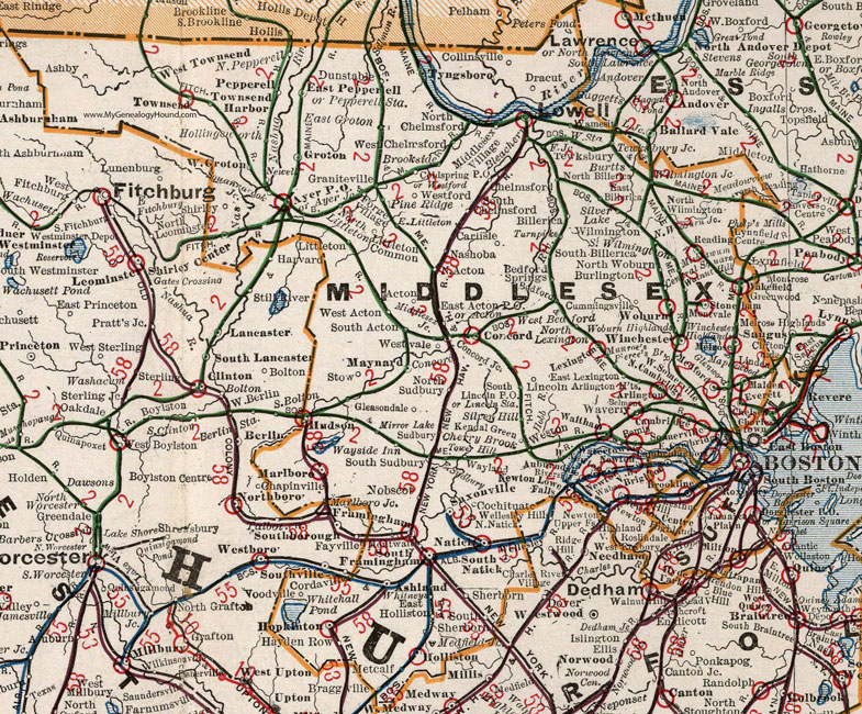 Middlesex County, Massachusetts, 1901, Map, Cram, Lowell, Reading, Pepperell, Ayer, Tyngsborough, Dunstable, Winchester, Woburn, Lexington, Concord, Groton, Townsend, Maynard, Waltham, Saxonville, MA