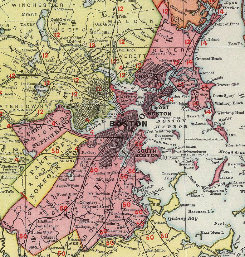 Suffolk County, Massachusetts, 1903, Map, Rand McNally, Boston, Roxbury, Revere, Chelsea, Charlestown, Jamaica Plain, Linden, Boylston, Mt. Hope, Shawmut, Neponset, Ashmont, Highland, Forest Hills, Heath, MA