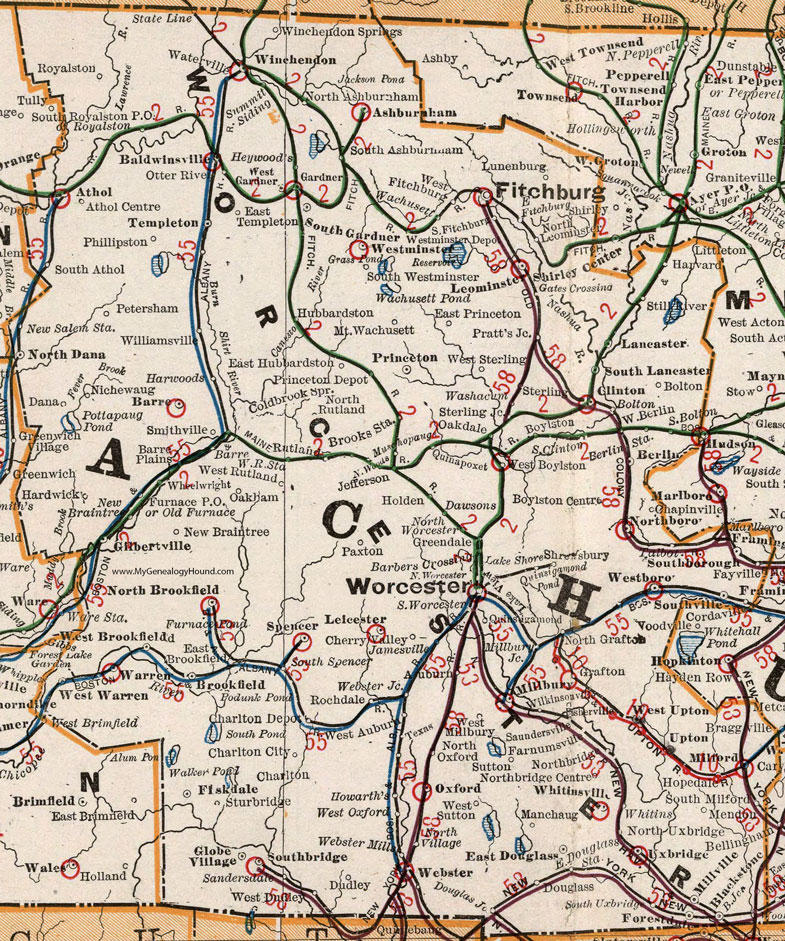 Worcester County, Massachusetts, 1901, Map, Cram, Fitchburg, Leominster, Westboro, West Brookfield, Gilbertville, Warren, Fiskdale, Webster, Oxford, Millbury, Ashburnham, Athol, Templeton, Upton, Milford, MA