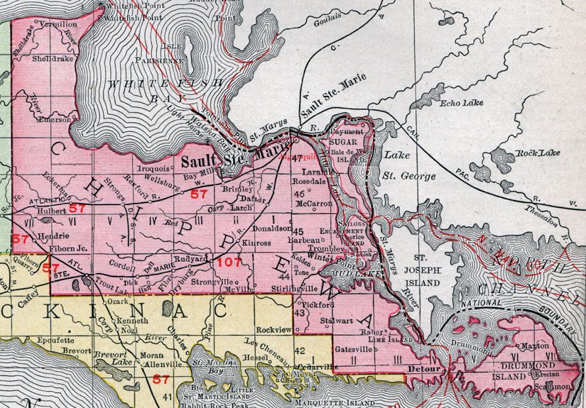 Chippewa County, Michigan, 1911, Map, Rand McNally, Sault Ste. Marie, Rudyard, Brimley, Kinross, Hulbert, Eckerman, Whitefish Point, Baie de Wasai, Dafter, Barbeau, Stalwart, Pickford, Drummond