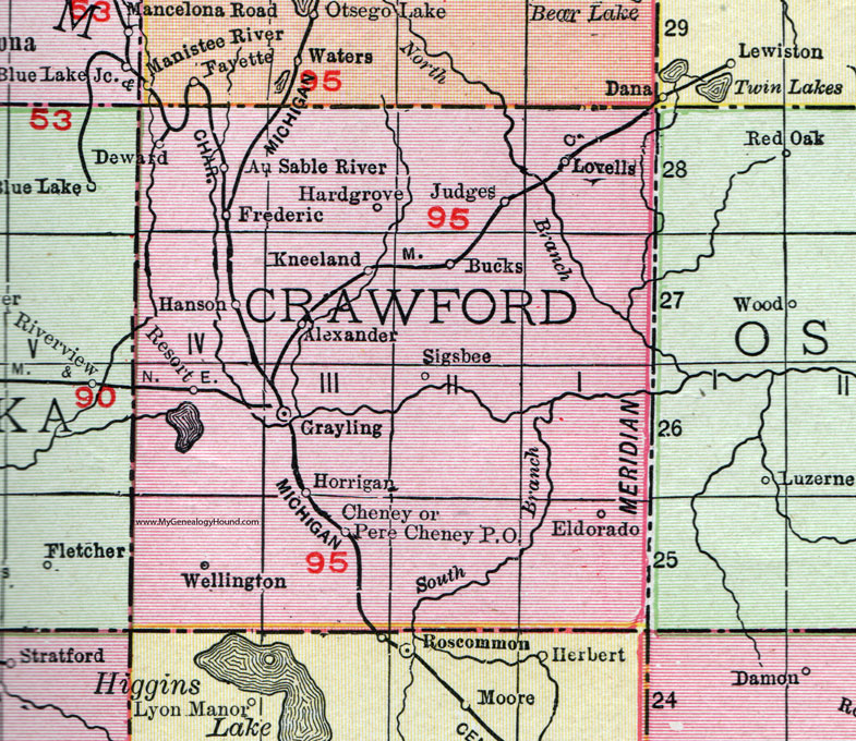 Crawford County, Michigan, 1911, Map, Rand McNally, Grayling, Frederic, Lovells, Cheney, Wellington, Eldorado, Sigsbee, Horrigan, Kneeland, Hanson, Au Sable River, Resort, Bucks, Alexander