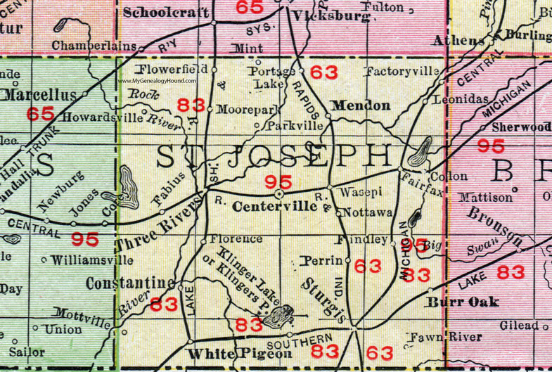 St. Joseph County, Michigan, 1911, Map, Rand McNally, Centreville, Sturgis, Three Rivers, White Pigeon, Burr Oak, Colon, Mendon, Nottawa, Leonidas, Wasepi, Mottville, Perrin, Fabius, Flowerfield