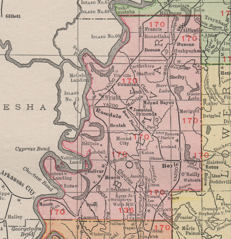 Bolivar County, Mississippi, 1911, Map, Rand McNally, Cleveland, Rosedale, Boyle, Shelby, Mound Bayou, Merigold, Duncan, Hushpuckena, Gunnison, Deeson, Alligator, Shaw, Lamont, Scott, Bolivar, Benoit, Pace