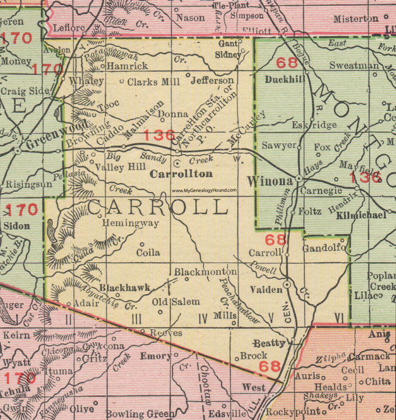 Carroll County, Mississippi, 1911, Map, Rand McNally, Carrollton, Vaiden, Black Hawk, Coila, Avalon, Beatty, Malmaison, Caddo, Whaley, Clarks Mill, Hemingway, Brock, Adair, North Carrollton, Reeves, Hamrick