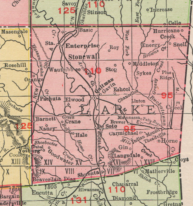 Clarke County, Mississippi, 1911, Map, Rand McNally, Quitman, Stonewall, Enterprise, Basic City, Snell, Shubuta, De Soto, Barnett, Pachuta, Sykes, Gavin, Goodwater, Langsdale, Mannassa, Linton, Indian Mound, Wautubbee