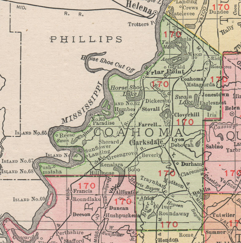 Coahoma County, Mississippi, 1911, Map, Rand McNally, Clarksdale, Jonestown, Mattson, Dublin, Rich, Stovall, Farrell, Sherard, Hillhouse, Bobo, Friars Point, Lyon, Pushmataha, Matagorda