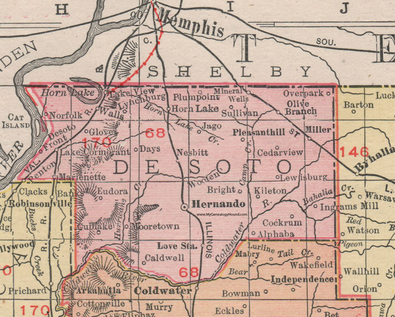 DeSoto County, Mississippi, 1911, Map, Rand McNally, Hernando, Horn Lake, Olive Branch, Nesbit, Miller, Cockrum, Mineral Wells, Penton, Lake Cormorant, Walls, Lynchburg, Kileton, Alphaba, Eudora, Lewisburg, Wooten