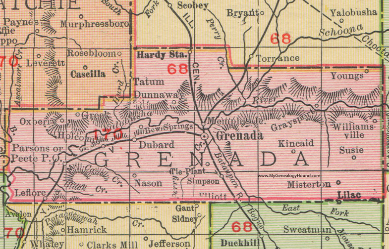 Grenada County, Mississippi, 1911, Map, Rand McNally, City of Grenada, Holcomb, Elliott, Leflore, Dunnaway, Graysport, Misterton, Tie Plant, Dubard, Nason, Peete, Oxberry, Greek, Parsons, Simpson, Bew Springs