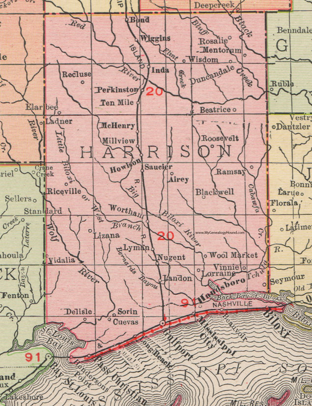 Harrison County, Mississippi, 1911, Map, Rand McNally, Biloxi, Gulfport, Long Beach, Mississippi City, Pass Christian, Handsboro, Wool Market, Lyman, De Lisle, Saucier, Wiggins, Perkinston, McHenry, Lizana, Wortham, Recluse