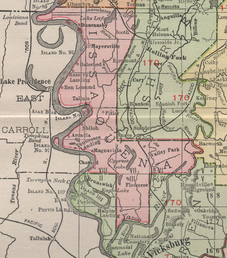 Issaquena County, Mississippi, 1911, Map, Rand McNally, Mayersville, Valley Park, Fitler, Grace, Magnavista, Floweree, Chotard, Arcadia, Shiloh, Tennessee Landing, Tallula, Ben Lomond, Duncansby, Snave, Luxembourg, Baleshed