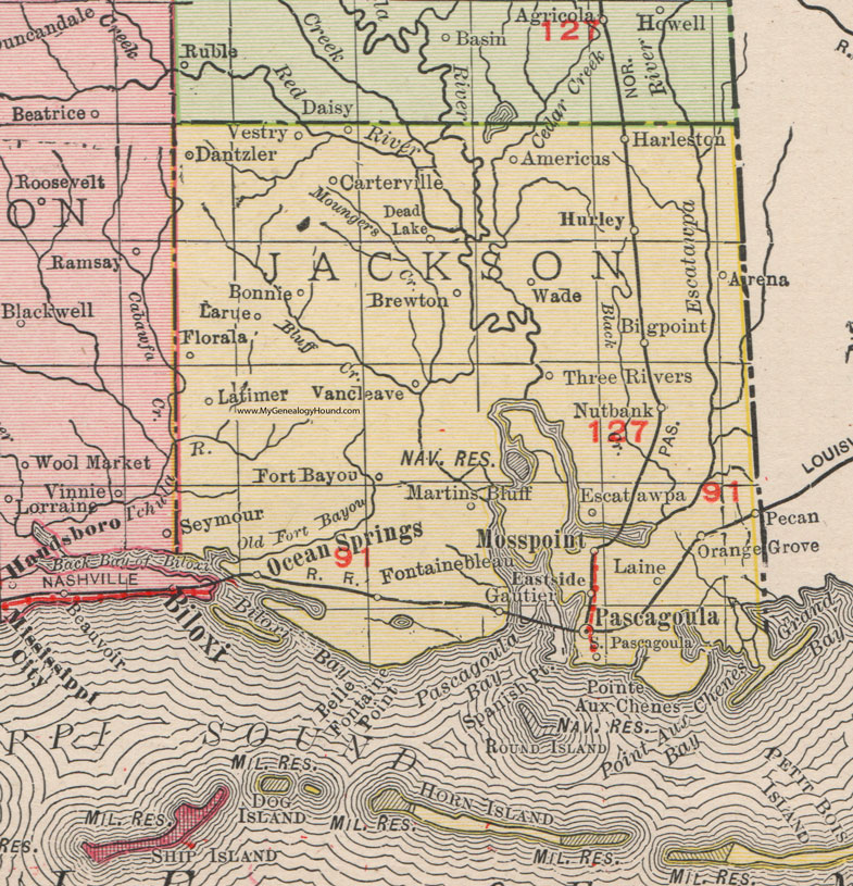 Jackson County, Mississippi, 1911, Map, Rand McNally, Pascagoula, Moss Point, Ocean Springs, Wade, Hurley, Gautier, Vancleave, Vestry, Fontainebleau, Brewton, Escatawpa, Americus, Harleston, Laine, Florala