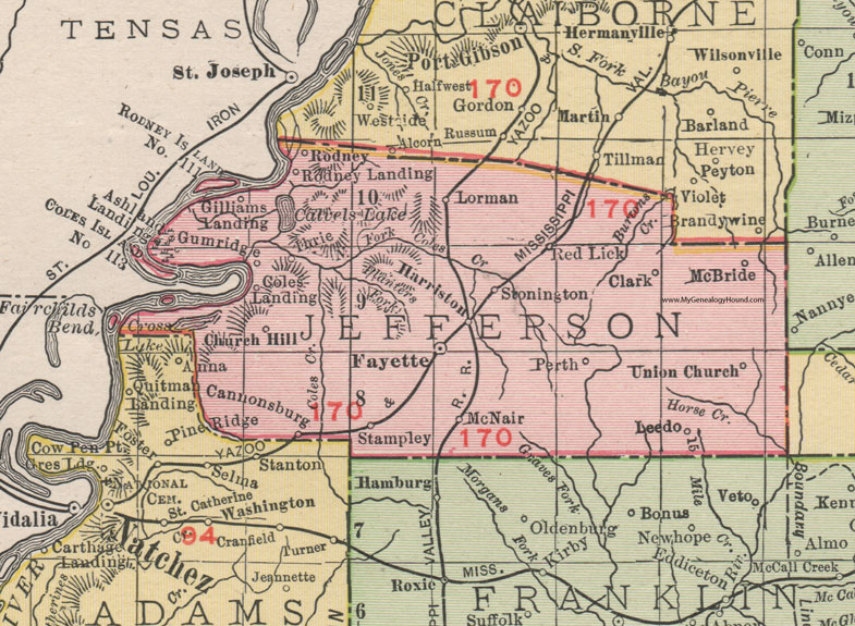 Jefferson County, Mississippi, 1911, Map, Rand McNally, Fayette, Red Lick, Harriston, Lorman, Church Hill, Stampley, McNair, Union Church, Stonington, Leedo, Cannonsburg, Gum Ridge, McBride, Gilliams Landing, Rodney Landing