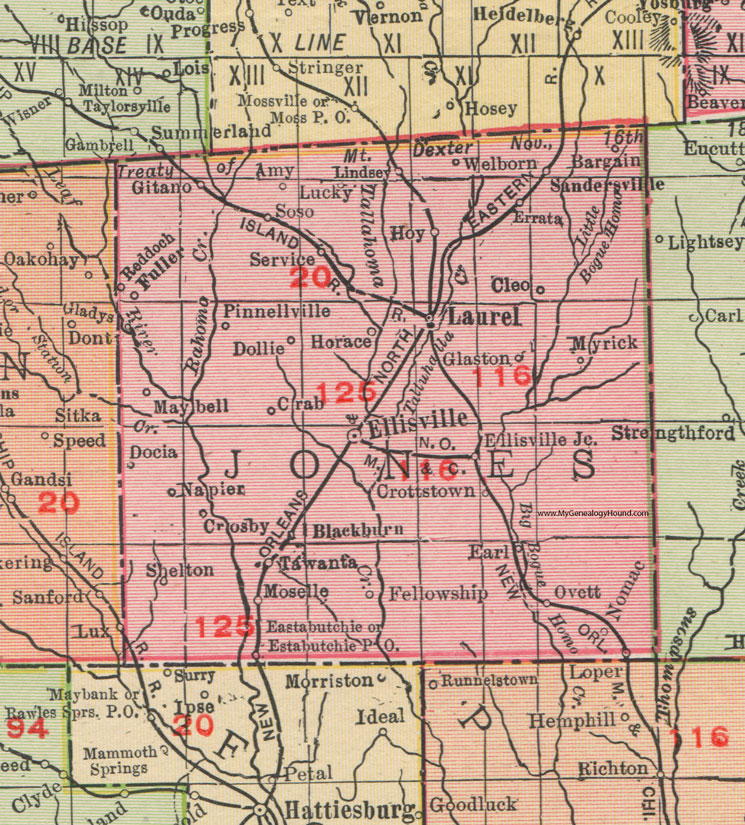 Jones County, Mississippi, 1911, Map, Rand McNally, Ellisville, Laurel, Ovett, Sandersville, Myrick, Moselle, Eastabutchie, Soso, Crottstown, Napier, Welborn, Pinnellville, Reddoch, Tawanta, Gitano, Nomac, Loper