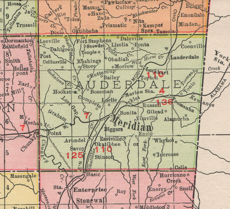 Lauderdale County, Mississippi, 1911, Map, Rand McNally, Meridian, Marion, Collinsville, Bailey, Lauderdale City, Toomsuba, Bozeman, Hookston, Coonville, Lizelia, Dahlgren, Arundel, Savoy, Stinson, Okatibbee, Whynot, Vimville, Alamucha