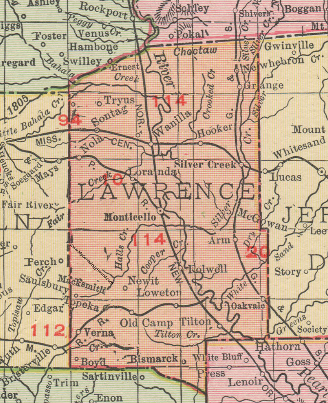 Lawrence County, Mississippi, 1911, Map, Rand McNally, Monticello, New Hebron, Silver Creek, Oak Vale, Arm, Wanilla, Sontag, Tryus, Loranda, Newit, Loweton, Macksmith, Topeka, Saulsbury, Bismarck, Tilton, McGowan, Boyd
