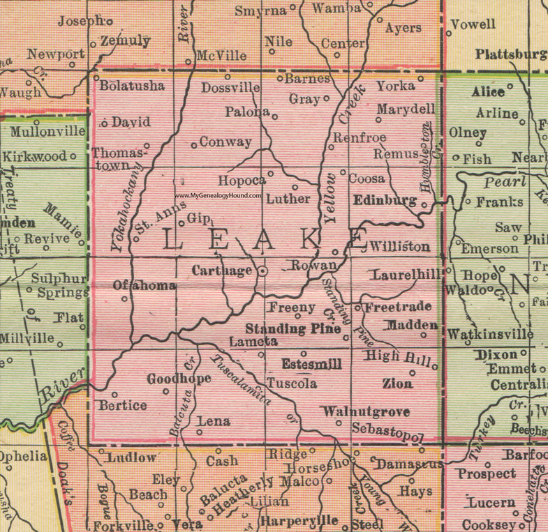 Leake County, Mississippi, 1911, Map, Rand McNally, Carthage, Walnut Grove, Lena, Tuscola, Freeny, Edinburg, Madden, Renfroe, Thomastown, Dossville, Remus, Ofahoma, Rowan, Coosa, Marydell, Palona, Hopoca