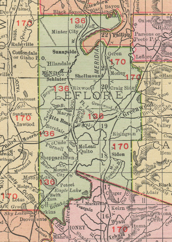 Leflore County, Mississippi, 1911, Map, Rand McNally, Greenwood, Itta Bena, Schlater, Minter City, Money, Quito, Morgan City, Sidon, Swiftown, Purnell, Rising Sun, Peteet, Sheppardtown, Cude, Berclair, Sisloff