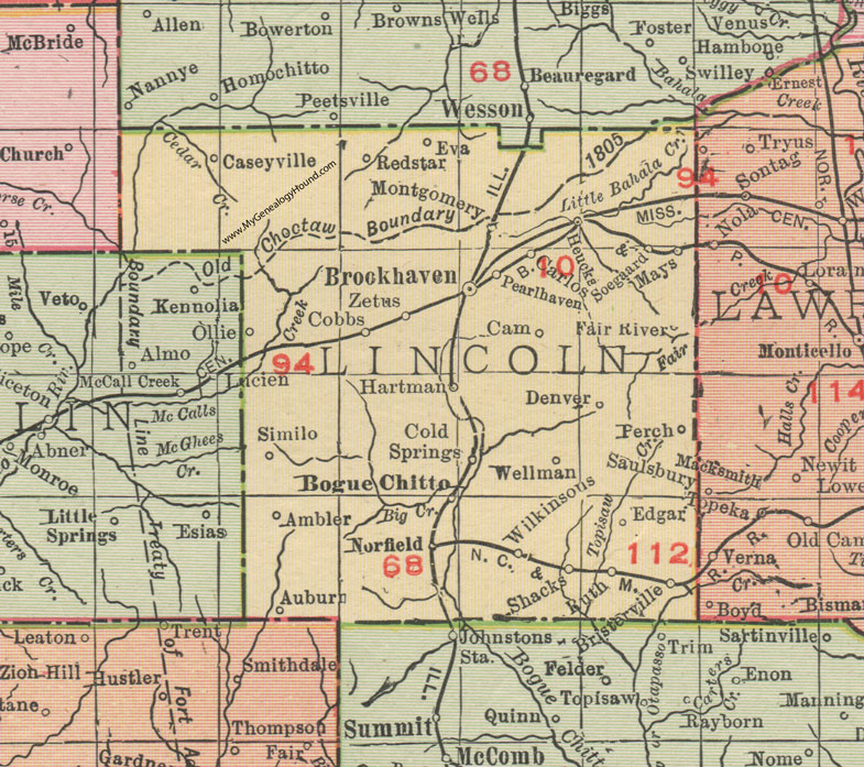 Lincoln County, Mississippi, 1911, Map, Rand McNally, Brookhaven, Bogue Chitto, Ruth, Red Star, Soegaard, Pearl Haven, Heucks, Carlos, Bristerville, Norfield, Ambler, Auburn, Wellman, Saulsbury, Denver, Caseyville