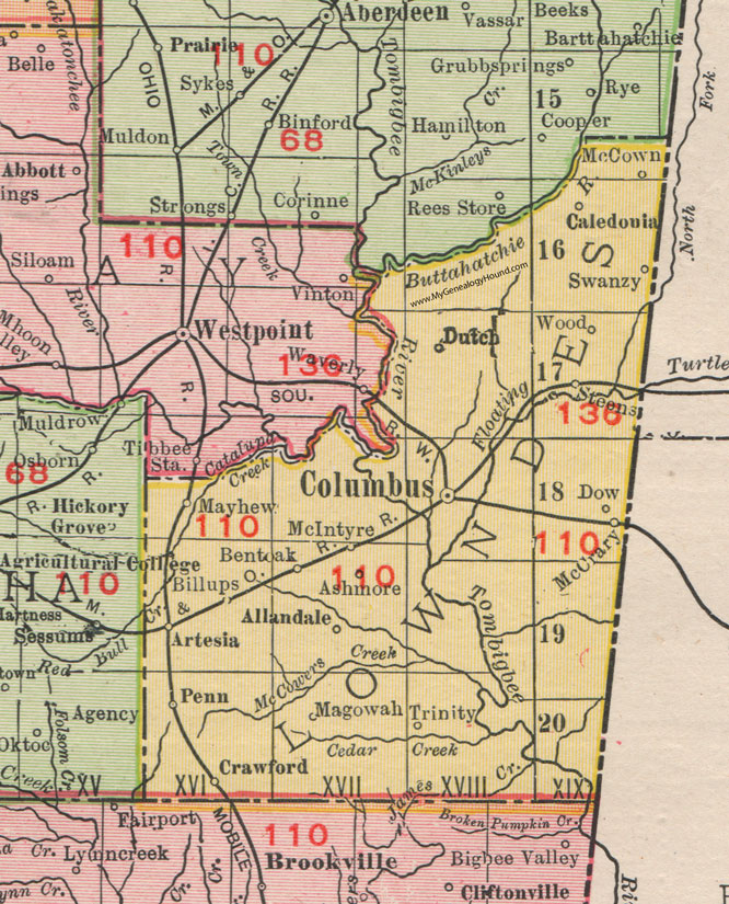Lowndes County, Mississippi, 1911, Map, Rand McNally, Columbus, Caledonia, Artesia, Crawford, Mayhew, Steens, Allandale, Magowah, Trinity, Swanzy, McCown, Bent Oak, McIntyre, Penn, Ashmore
