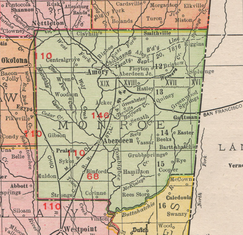 Monroe County, Mississippi, 1911, Map, Rand McNally, Aberdeen, Amory, Smithville, Bigbee, Gattman, Greenwood Springs, Hamilton, Prairie, Strong, Binford, Floyton, Riggins, Splunge, Senath, Vassar, Barttahatchie, Grubb Springs