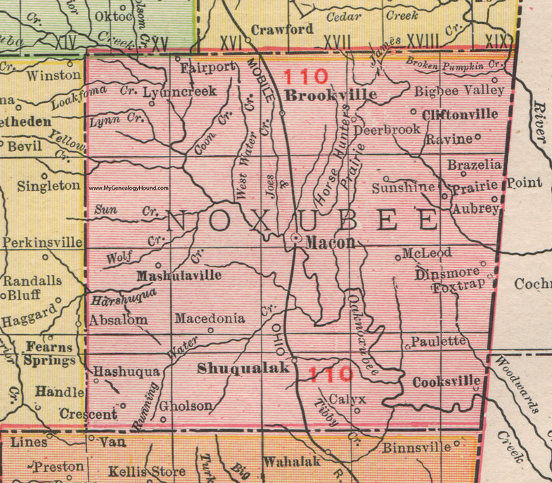 Noxubee County, Mississippi, 1911, Map, Rand McNally, Macon, Brooksville, Shuqualak, Mashulaville, Bigbee Valley, Prairie Point, Paulette, Gholson, McLeod, Dinsmore, Calyx, Hashuqua, Lynn Creek, Brazelia, Macedonia, Cooksville