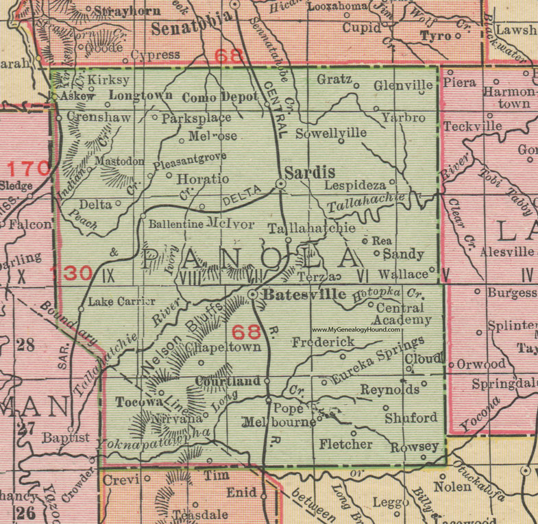 Panola County, Mississippi, 1911, Map, Rand McNally, Batesville, Sardis, Como, Pleasant Grove, Crenshaw, Courtland, Pope, Kirksy, Gratz, Yarbro, Lespideza, Shuford, Eureka Springs, Rowsey, Tocowa, Mastodon, Tallahatchie, Terza