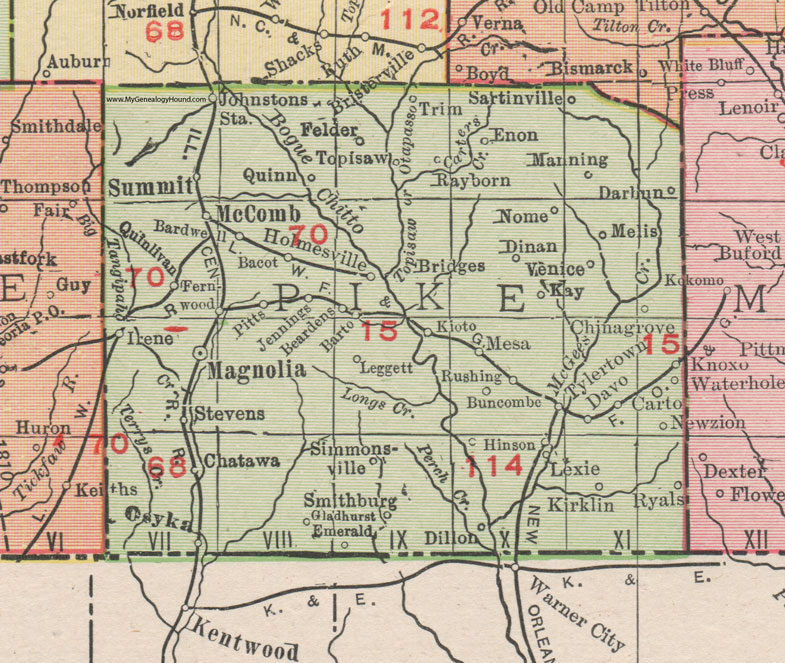 Pike County, Mississippi, 1911, Map, Rand McNally, Magnolia, McComb, Osyka, Holmesville, Summit, Chatawa, Quinlivan, Sartinville, Buncombe, Lexie, Kirklin, Ryals, Emerald, Topisaw, China Grove, Hinson, Gladhurst, Davo