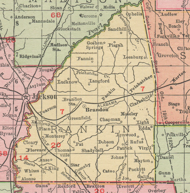 Rankin County, Mississippi, 1911, Map, Rand McNally, Brandon, Pelahatchee, Florence, Star, Johns, Puckett, Alonzo, Comeby, Moseley, Clarksburg, Greenfield, Fannin, Ophelia, Leesburg, Lucknow, Langford, Thomasville, Rankin, Pisgah