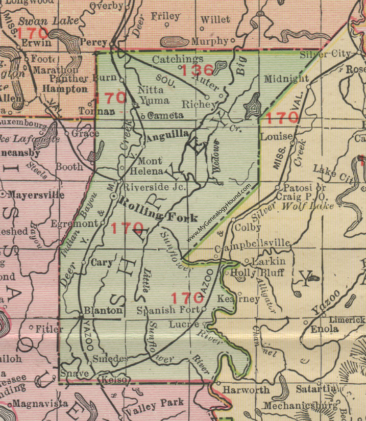 Sharkey County, Mississippi, 1911, Map, Rand McNally, Rolling Fork, Anguilla, Nitta Yuma, Panther Burn, Cary, Smedes, Kelso, Egremont, Blanton, Spanish Fort, Lucre, Mount Helena, Catchings, Richey