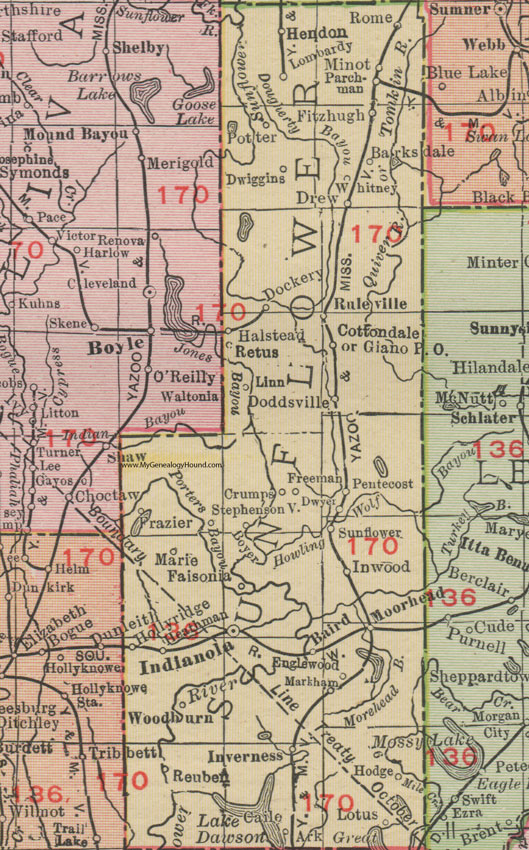 Sunflower County, Mississippi, 1911, Map, Rand McNally, Indianola, Moorhead, Ruleville, Sunflower City, Baird, Inverness, Holly Ridge, Doddsville, Drew, Rome, Parchman, Hendon, Minot, Barksdale, Dwiggins, Halstead, Faisonia, Crumps