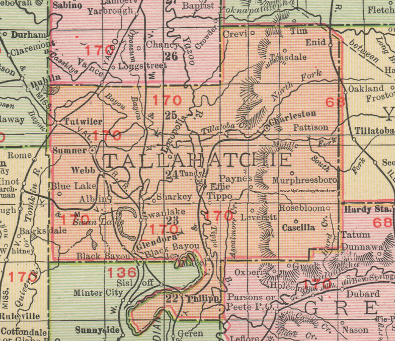 Tallahatchie County, Mississippi, 1911, Map, Rand McNally, Sumner, Charleston, Webb, Tutwiler, Albin, Swan Lake, Glendora, Tippo, Enid, Paynes, Cascilla, Philipp, Locopolis, Pattison, Crevi, Teasdale, Murphreesboro, Swan Lake, Tandy