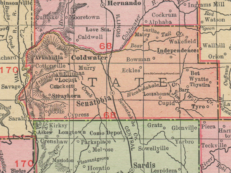 Tate County, Mississippi, 1911, Map, Rand McNally, Senatobia, Coldwater, Arkabutla, Independence, Barr, Wyatte, Tyro, Strayhorn, Crockett, Looxahoma, Cupid, Thyatira, Bowman, Mabry, Wakefield, Eliphaz, Lurline, Eckles