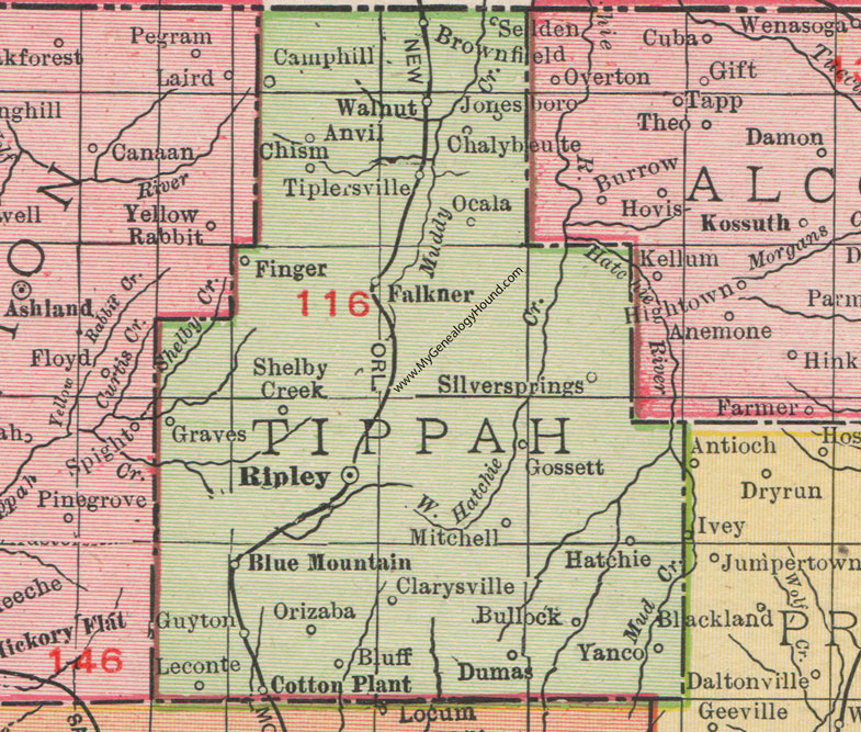 Tippah County, Mississippi, 1911, Map, Rand McNally, Ripley, Blue Mountain, Falkner, Tiplersville, Walnut, Dumas, Orizaba, Yanco, Bullock, Ocala, Chism, Selden, Leconte, Guyton, Clarysville, Gossett, Graves