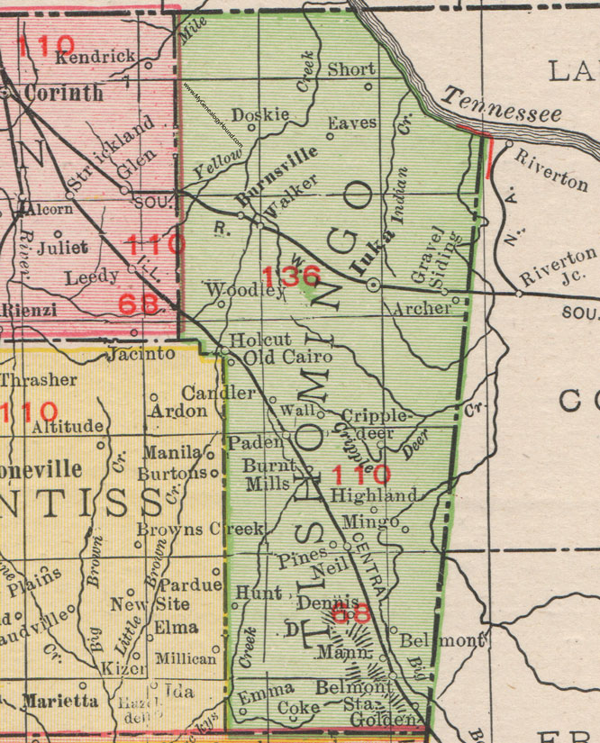 Tishomingo County, Mississippi, 1911, Map, Rand McNally, Iuka, Belmont, Burnsville, Holcut, Paden, Dennis, Golden, Burnt Mills, Candler, Mingo, Doskie, Woodley, Archer, Cripple Deer, Coke, Walker, Eaves