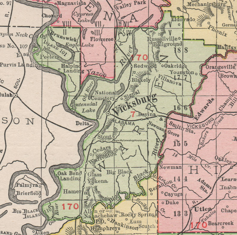 Warren County, Mississippi, 1911, Map, Rand McNally, Vicksburg, Redwood, Yokena, Big Black, Hamer, Nahachehaw, Bovina, Villanova, Blakely, Russellville, Eldorado, Peelers, Brunswick, Stout, Oakridge, Ballground