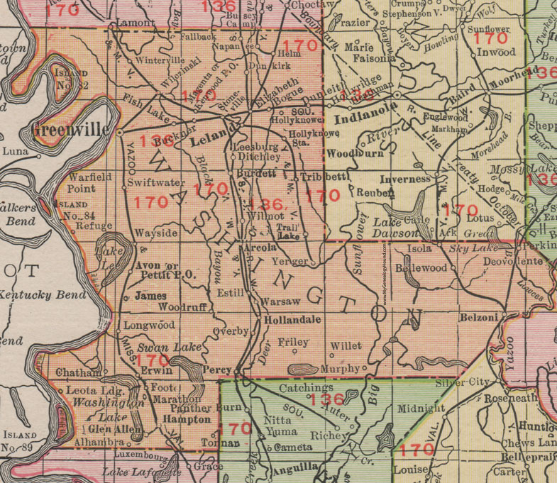 Washington County, Mississippi, 1911, Map, Rand McNally, Greenville, Leland, Hollandale, Glen Allan, Percy, Estill, Avon, James, Chatham, Arcola, Wayside, Tribbett, Stoneville, Winterville, Hollyknowe, Napanee