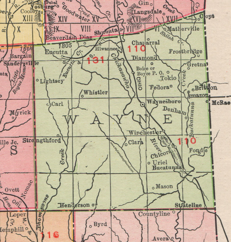 Wayne County, Mississippi, 1911, Map, Rand McNally, Waynesboro, Buckatunna, Winchester, Hiwannee, Denham, Chicora, Clara, State Line, Strengthford, Fedora, Chaparral, Matherville, Tokio, Whistler, Lightsey, Eucutta, Amazon
