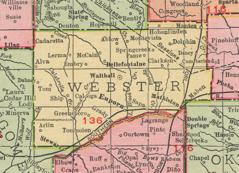 Webster County, Mississippi, 1911, Map, Rand McNally, Walthall, Eupora, Mathiston, Clarkson, Mantee, Bellefontaine, Tomnolen, Calooga, Hohenlinden, Ablow, Cadaretta, McCain, Dabney, Embry, Greensboro, Sapa, Dancy, Montevista