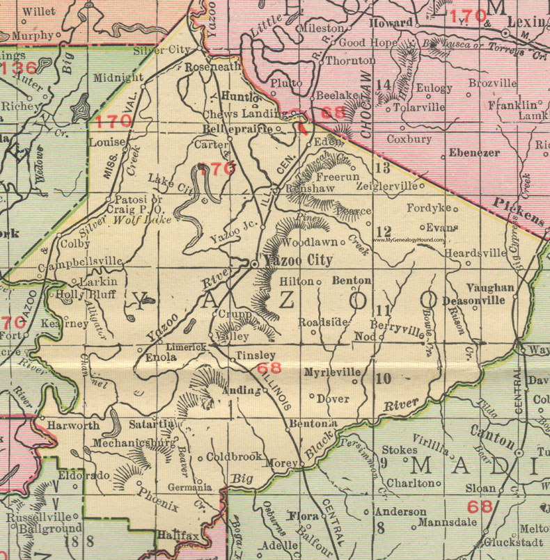 Yazoo County, Mississippi, 1911, Map, Rand McNally, Yazoo City, Bentonia, Satartia, Phoenix, Vaughan, Holly Bluff, Anding, Tinsley, Eden, Roseneath, Larkin, Enola, Hilton, Myrleville, Germania, Harworth, Mechanicsburg, Patosi