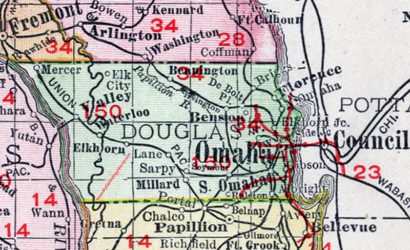 Douglas County, Nebraska, map, 1912, Omaha, Waterloo, Elkhorn, Millard, Benson, Bennington, Valley, South Omaha, Florence, Elk City, Ralston, Albright