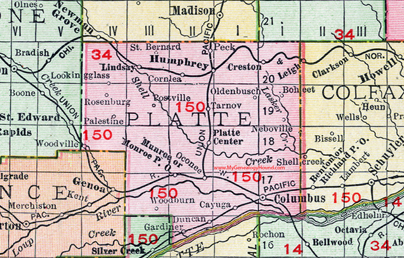 Platte County, Nebraska, map, 1912, Columbus, Humphrey, Platte Center, Lindsay, Monroe, Tarnov, Cornlea, Creston, Duncan, Rosenburg, Oconee, Gardiner, Oldenbusch, Cayuga, Looking Glass