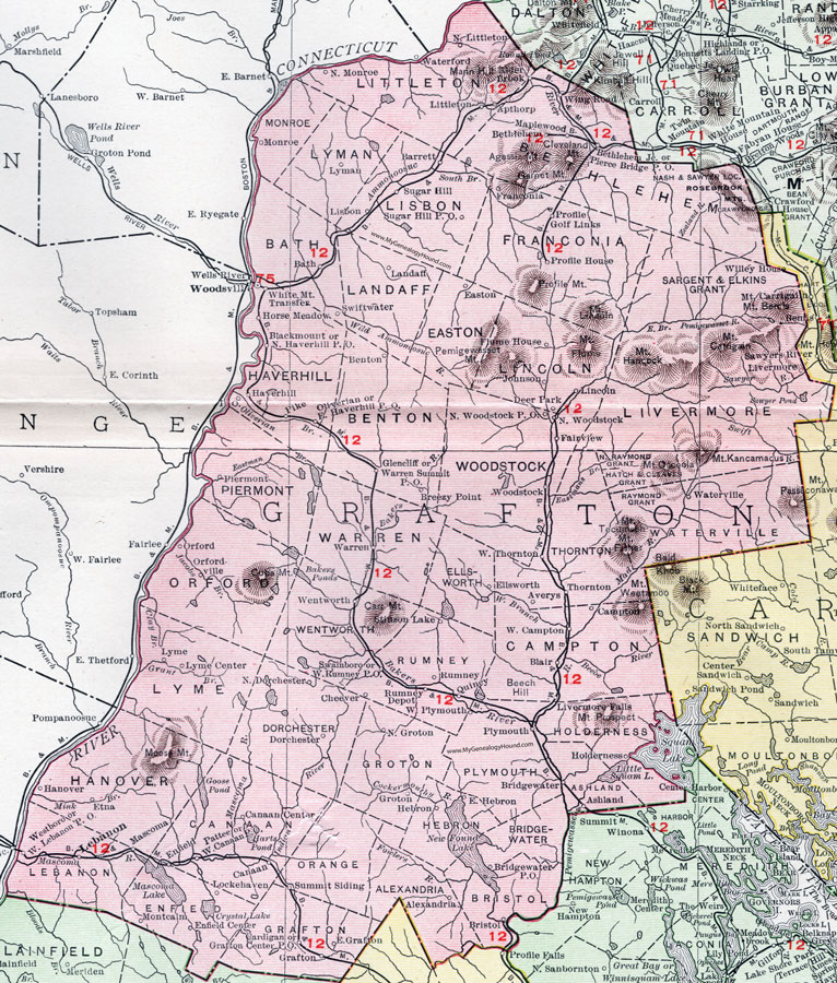 Grafton County, New Hampshire, Map, 1912, Lebanon, Hanover, Plymouth, Littleton, Haverhill, Enfield, Canaan, Campton, Bristol, Bethlehem, Thornton, Holderness, Ashland, Lincoln, Lyme, Alexandria, Lisbon, Rumney