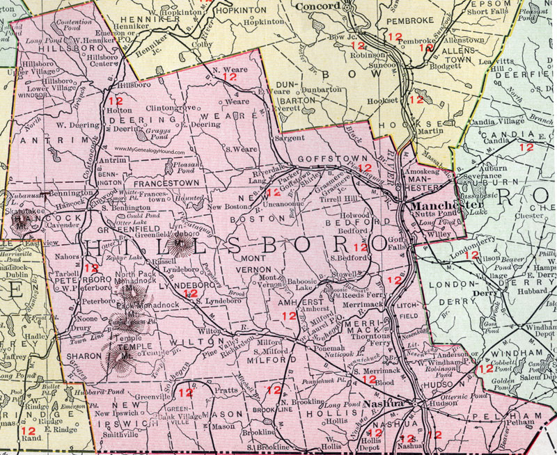 Hillsborough County, New Hampshire, Map, 1912, Manchester, Nashua, Merrimack, Hudson, Bedford, Goffstown, Milford, Pelham, Amherst, Weare, Litchfield, Hollis, Peterborough, Hillsborough, New Boston, New Ipswich, Brookline, Wilton, Antrim, Mont Vernon, Greenville, Deering, Greenfield, Hancock, Lyndeborough, Francestown, Bennington