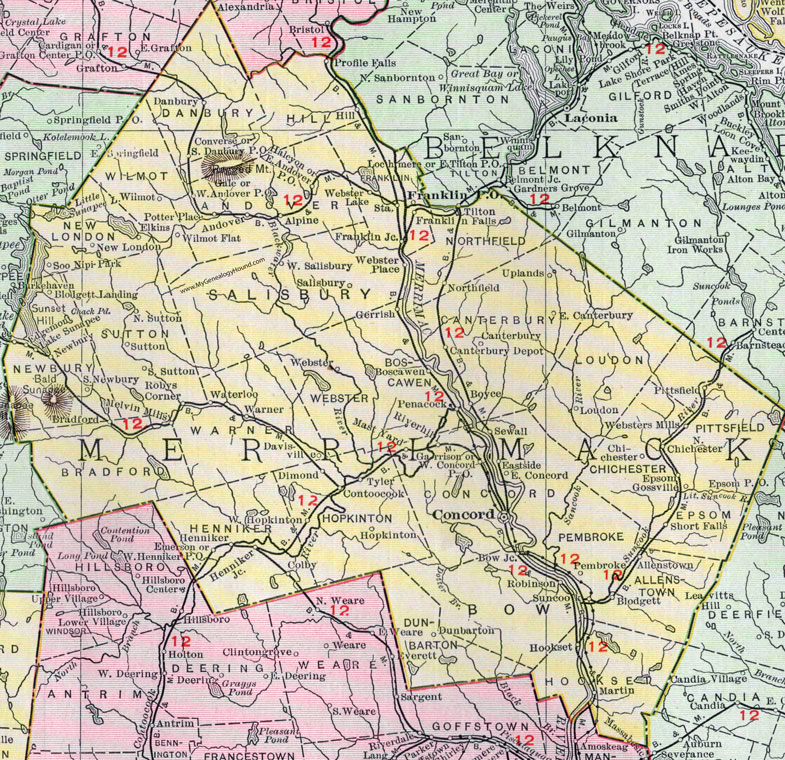 Merrimack County, New Hampshire, Map, 1912, Concord, Hooksett, Franklin, Bow, Pembroke, Hopkinton, Loudon, Henniker, Northfield, Epsom, New London, Allenstown, Pittsfield, Boscawen, Dunbarton, Warner, Chichester, Andover, Canterbury, Newbury, Webster, Sutton, Bradford