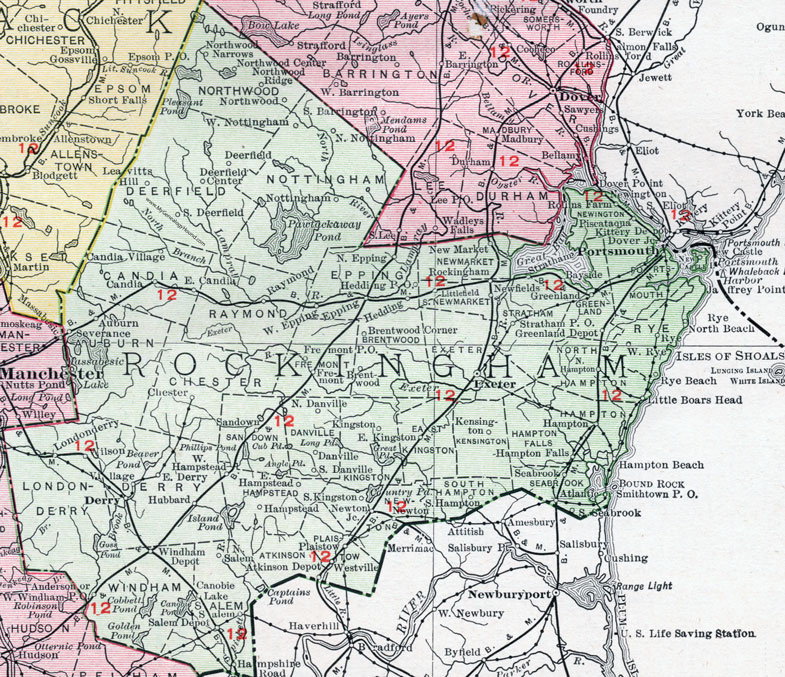 Rockingham County, New Hampshire, Map, 1912, Derry, Salem, Londonderry, Portsmouth, Hampton, Exeter, Windham, Raymond, New Market, Seabrook, Hampstead, Plaistow, Stratham, Atkinson, Epping, Kingston, Sandown, Rye, Auburn, Chester, Nottingham, Danville, Newton, Brentwood, Deerfield, Fremont, North Hampton, Northwood, Candia, Greenland, East Kingston, Hampton Falls,  Kensington 