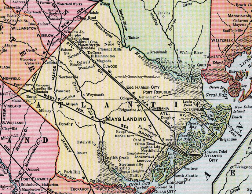 Atlantic County, New Jersey, Map, 1905, Cram, Mays Landing, Atlantic City, Egg Harbor City, Hammonton, Minotola, Richland, Mizpah, Pleasantville, Linwood, Northfield, Absecon, Ventnor, Longport, Brigantine, Dorothy