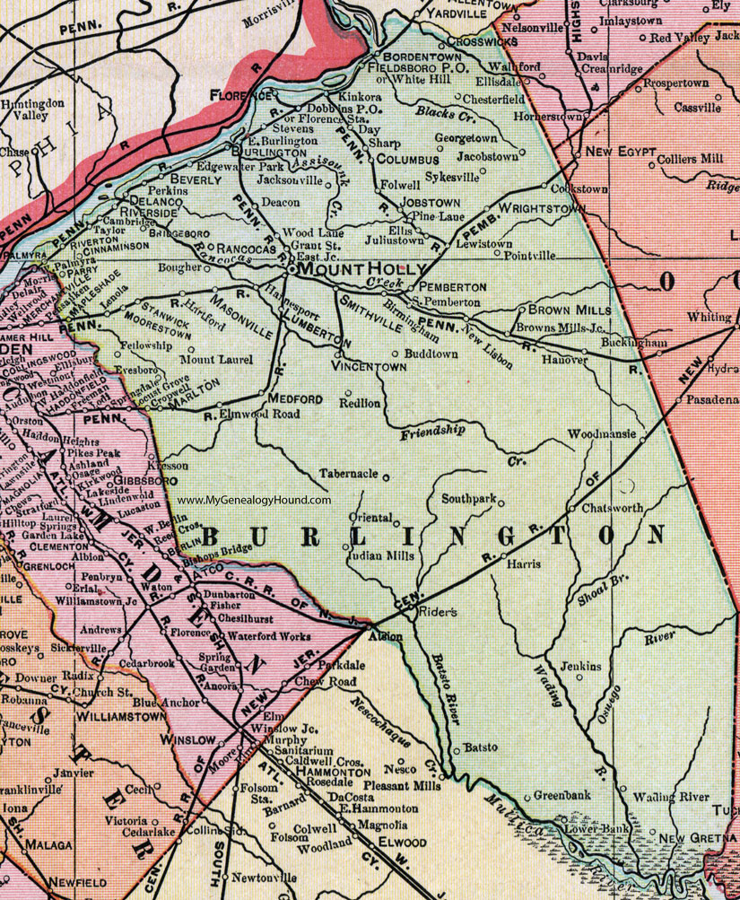Burlington County, New Jersey, Map, 1905, Cram, Mount Holly, Palmyra, Medford, Moorestown, Bordentown, Brown Mills, Marlton, Maple Shade, Pemberton, Columbus, Masonville, Beverly, Delanco, Riverside, Lumberton