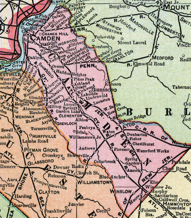 Camden County, New Jersey, Map, 1905, Cram, Collingswood, Haddonfield, Lindenwold, Gloucester City, Merchantville, Gibbsboro, Clementon, Glenloch, Winslow, Magnolia, Stratford, Laurel Springs, Starr, Cramer Hill, Audubon, Harleigh